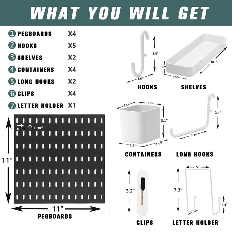 RIVTUN Pegboard Combination Kit for Wall Organizer, Wall Mounted Peg Board Kits for Kitchen, Bedroom, Office, &Bathroom, 4 Pieces Black Pegboards and 14 Accessories, 22" x 22" - Image 2